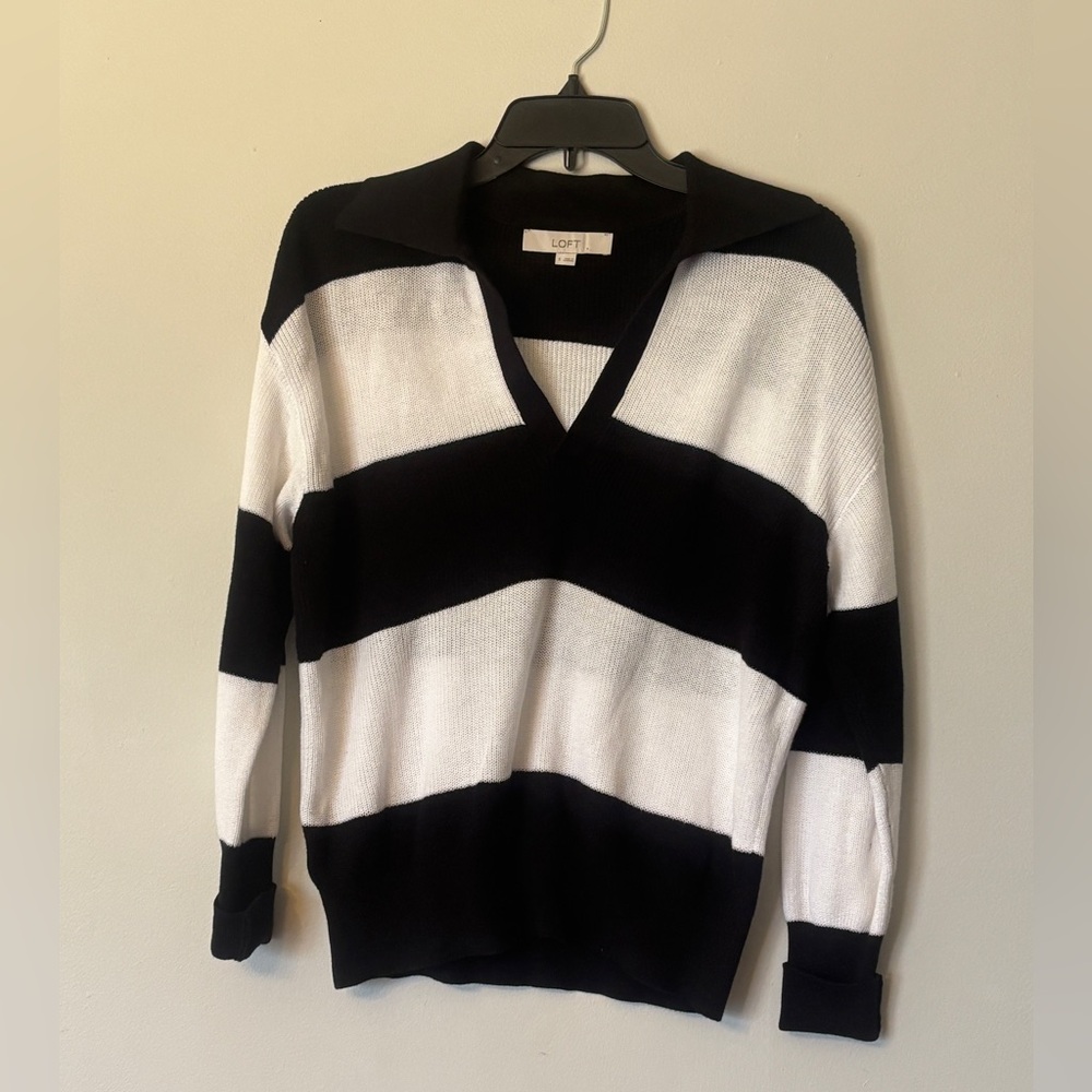 LOFT Black and White Striped V-Neck Sweater
